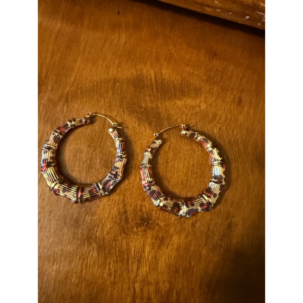 Gold Bamboo Hoop Earrings Leopard Print Animal Pattern Medium Textured Hoops Y2K